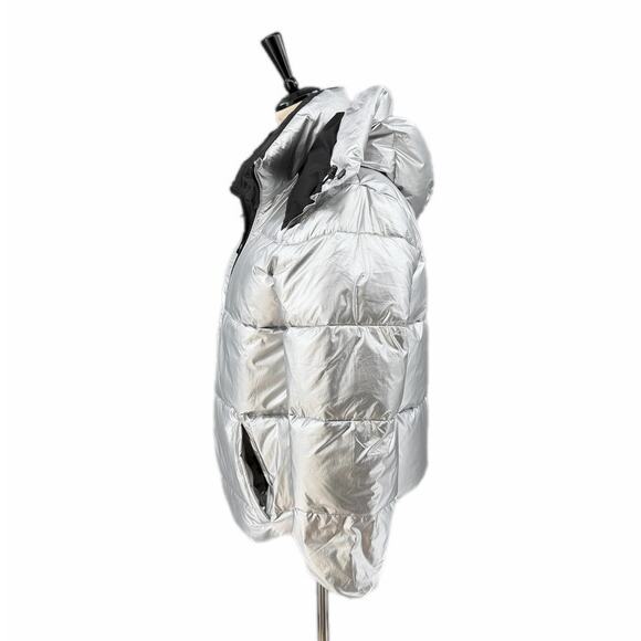 Express NWT Metallic Silver Reversible Black Hooded Full Zip Shiny Puffer Coat - Picture 5 of 13